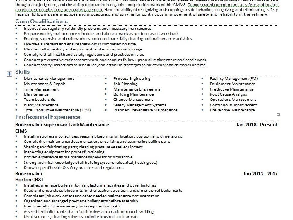 Excerpt from an industrial maintenance supervisor resume showing technical skills and work history
