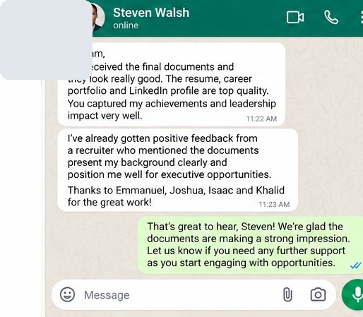 Privacy-protected WhatsApp review from Steven Walsh about his executive career documents