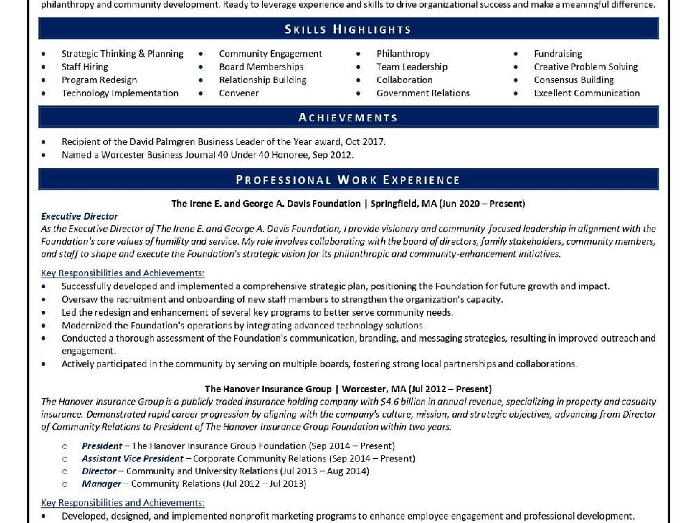Excerpt from a nonprofit executive director resume with leadership achievements and foundation experience