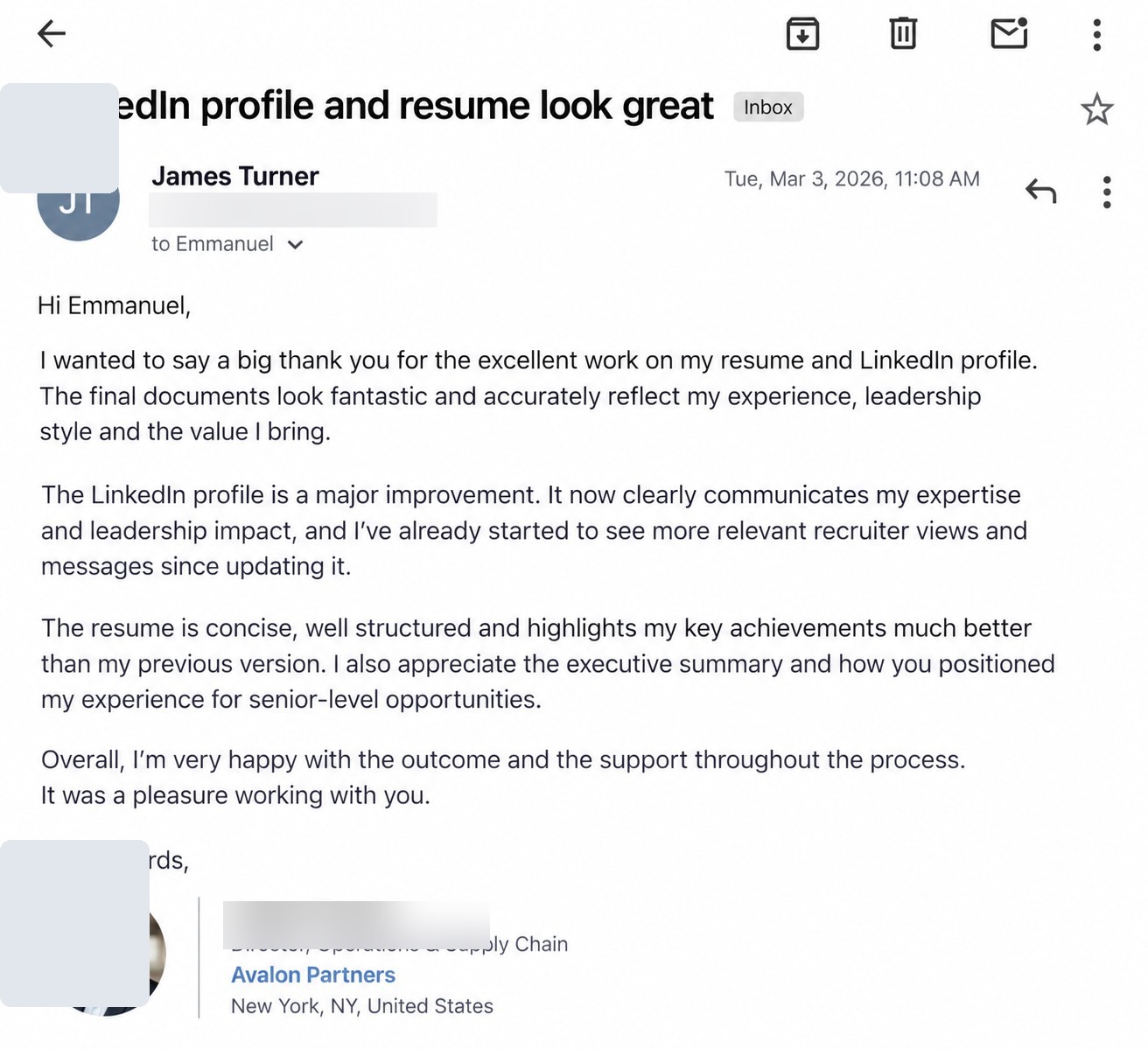 Privacy-protected email review from James Turner about his resume and LinkedIn profile