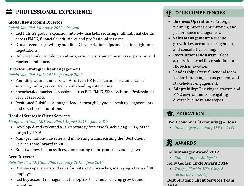 Excerpt from a global account director executive resume with international expansion and awards