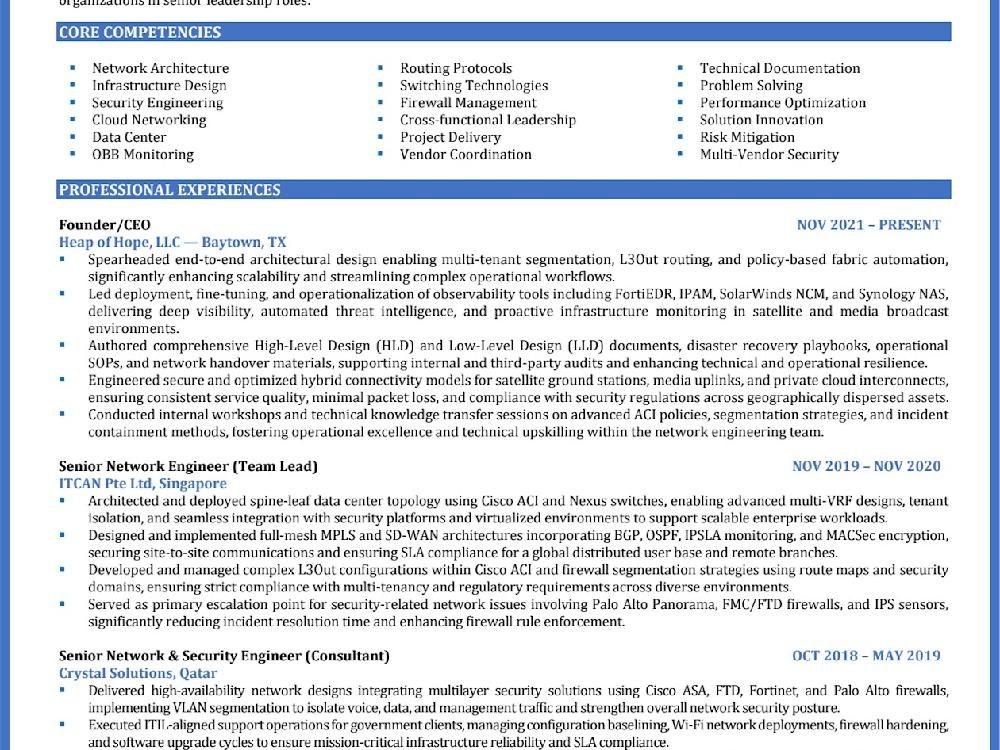 Excerpt from a network and security engineering leadership resume created by BEEL Careers