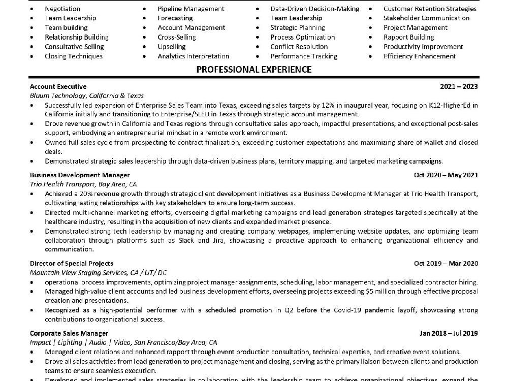 Excerpt from a sales and business development resume showing quantified commercial achievements