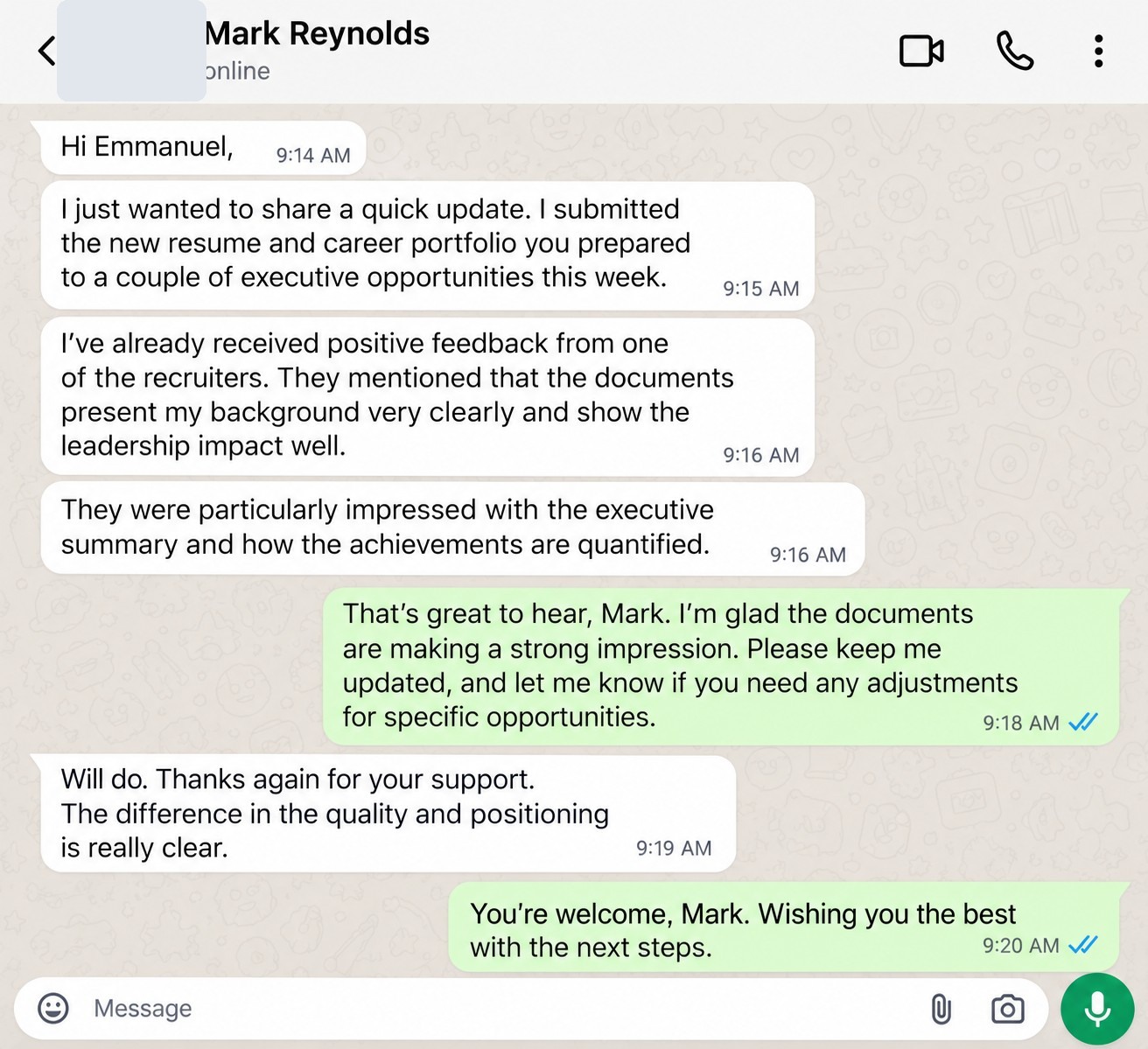 Privacy-protected WhatsApp review from Mark Reynolds about his resume and career portfolio