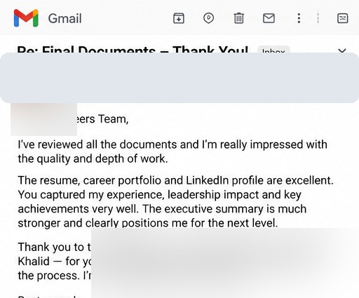 Privacy-protected email review from Lisa Carter about her resume, career portfolio and LinkedIn profile