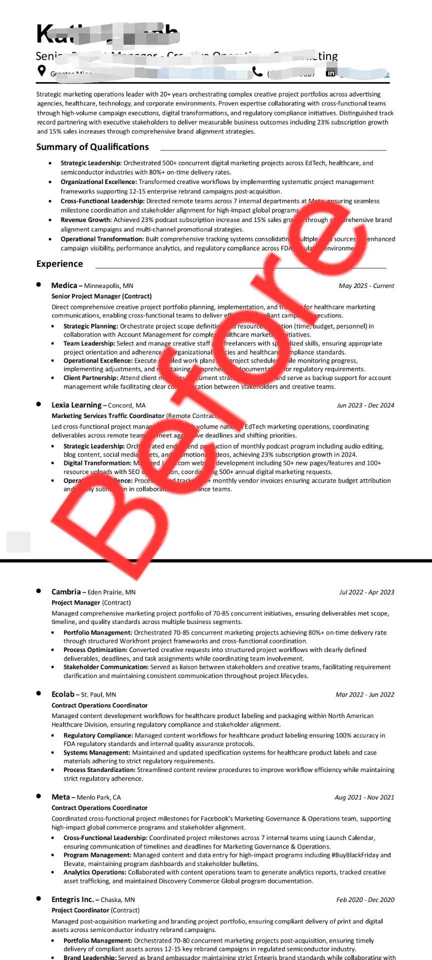 Two privacy-redacted pages from a senior marketing operations and project leadership resume