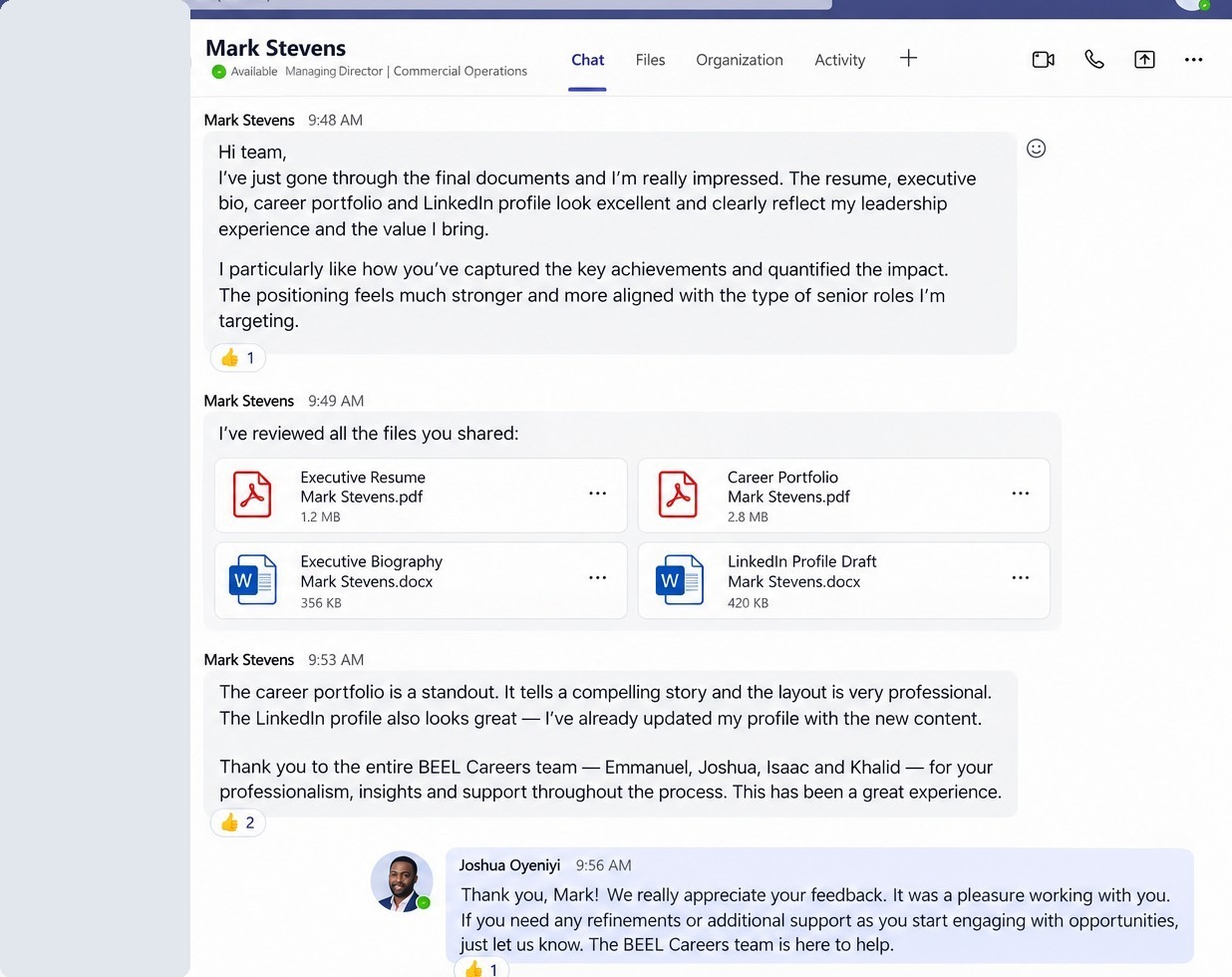 Privacy-protected Microsoft Teams review from Mark Stevens describing his executive resume, biography, career portfolio and LinkedIn profile