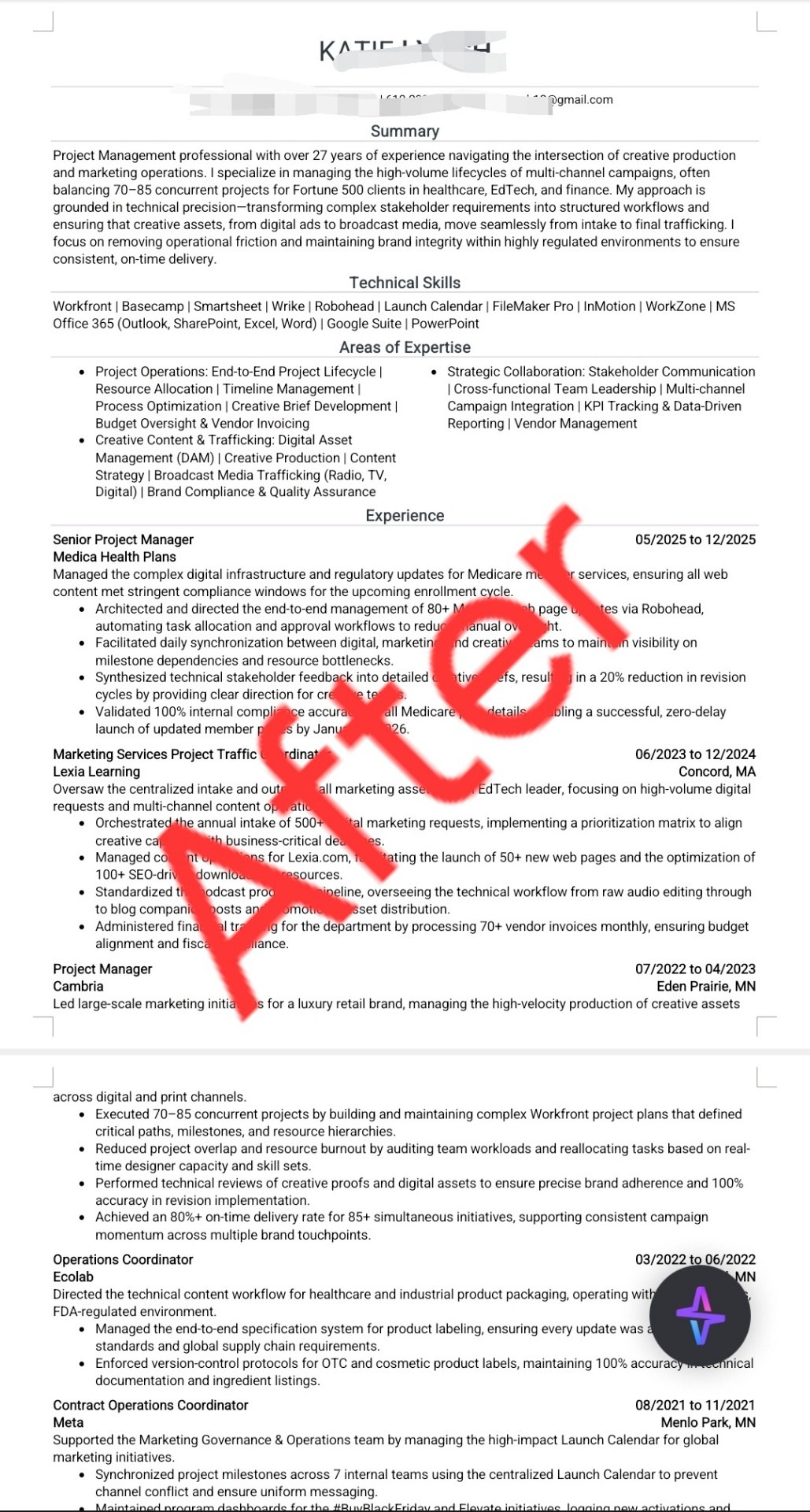 Two privacy-redacted pages from a senior marketing operations and project leadership resume, additional page 2